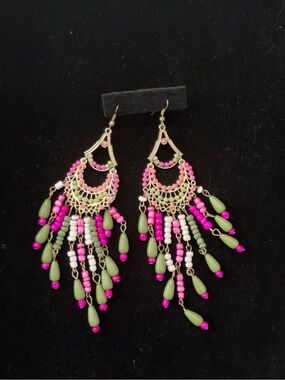 Boho Pink & Olive Beaded Chandelier Earrings